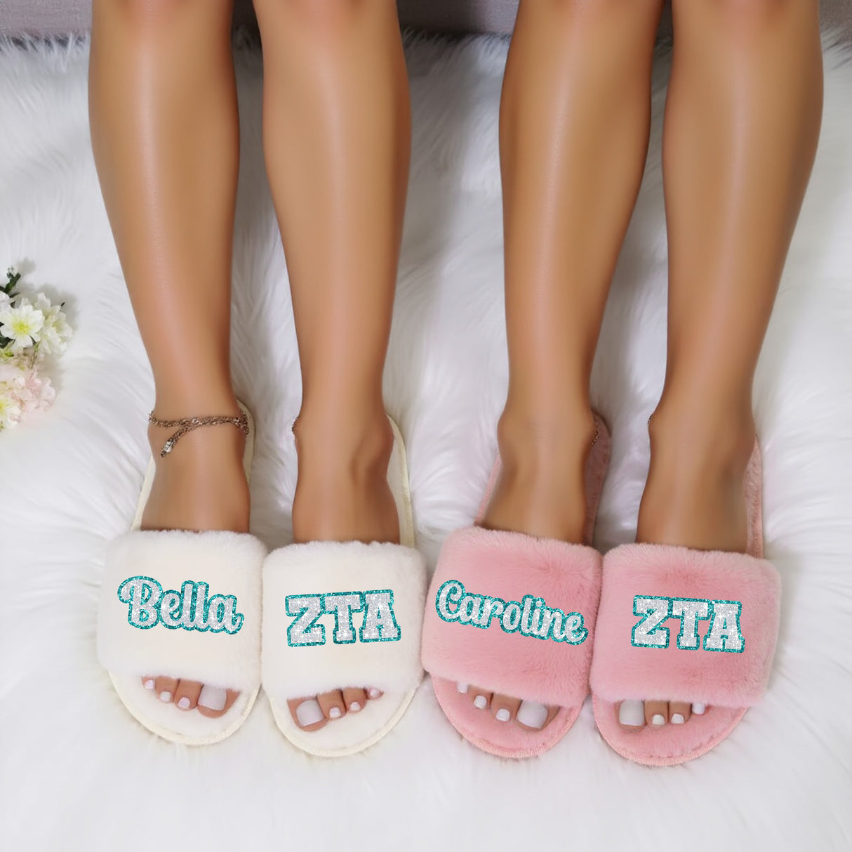 Sorority sisters matching slippers with custom college design, great for bid day, big little gifts, or rush week.