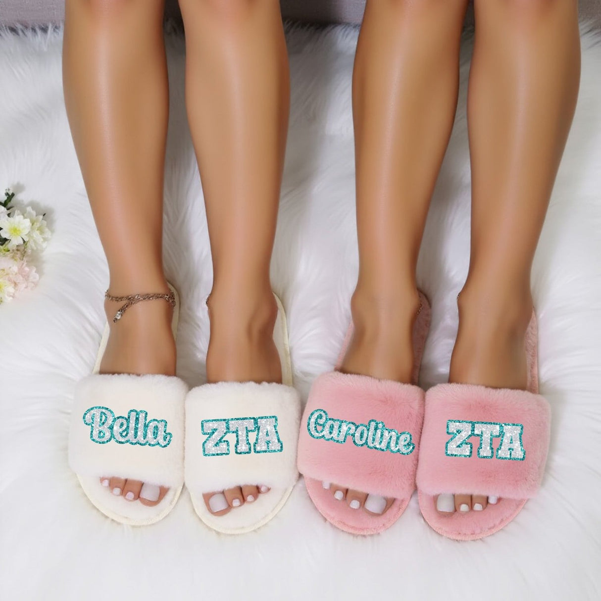 Sorority sisters matching slippers with custom college design, great for bid day, big little gifts, or rush week.
