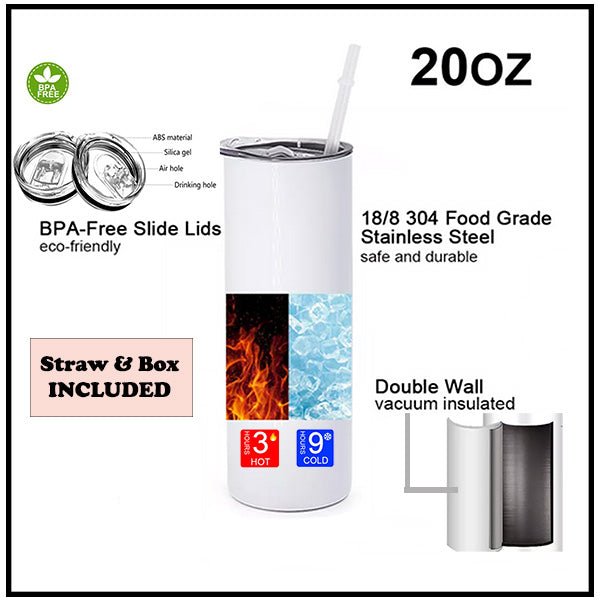 Stainless Steel 20oz skinny tumbler that is great for on the go. It will fit in most car cup holders. Features double wall insulation.