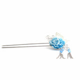 Stylish Butterfly and Pearl Hair Stick Pin with Blue Flower