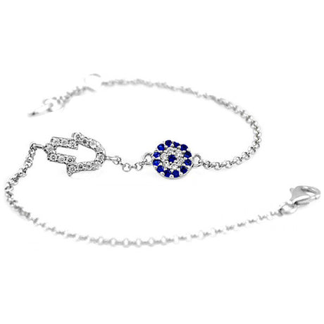 Evil eye bracelet with blue rhinestones and gold plated chain, a beautiful protection charm and perfect gift for her, bride, or birthday.