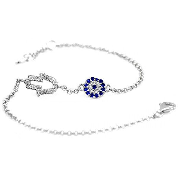 Evil eye bracelet with blue rhinestones and gold plated chain, a beautiful protection charm and perfect gift for her, bride, or birthday.