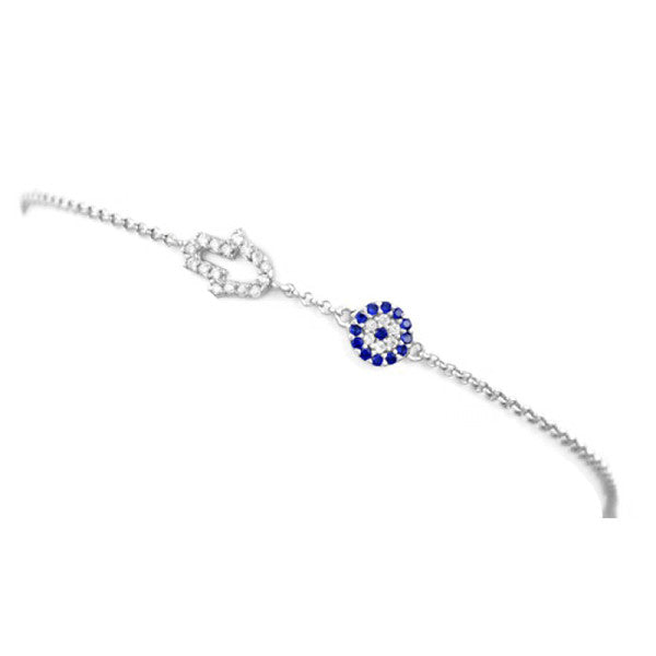 Elegant evil eye bracelet with adjustable chain and sapphire rhinestones, perfect as a birthday gift, wedding gift, or something blue for a bride.