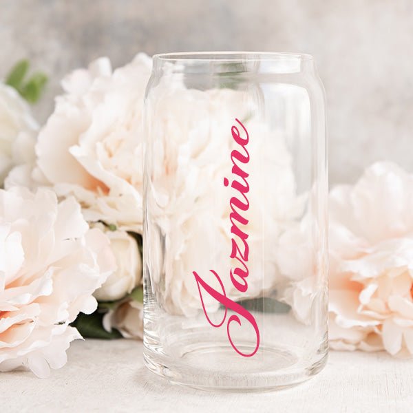 Personalized Libbey Glass Can with name. Customized this personalized glass can using 15 standard fonts and colors.