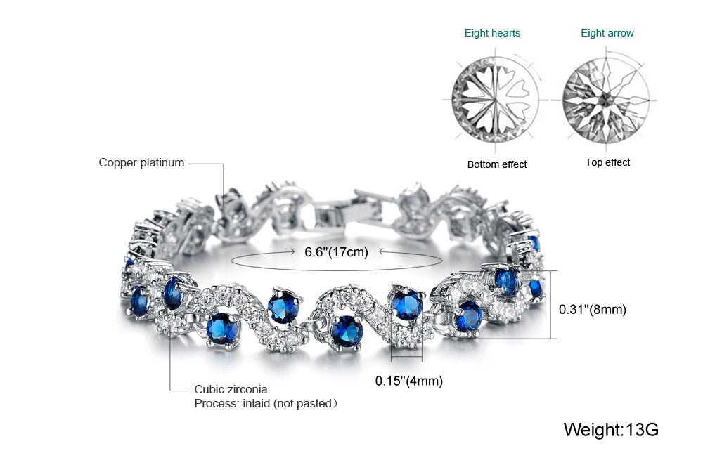 beautiful blue sapphire link chain bracelet for women, designed with Swarovski crystals and shipped in a jewelry gift box from the USA.