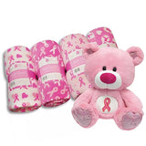 Pink Ribbon Plush Teddy Bear and Plush Throw Blanket Set