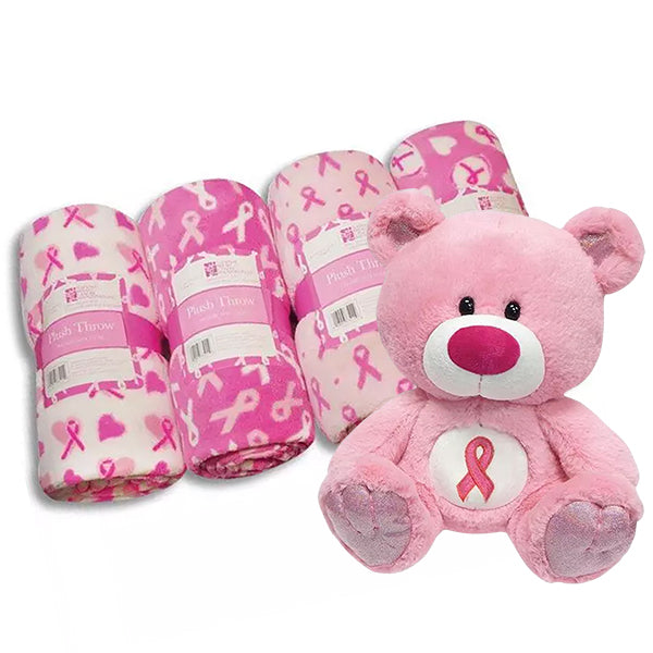 Pink Ribbon Plush Teddy Bear and Plush Throw Blanket Set Gifts