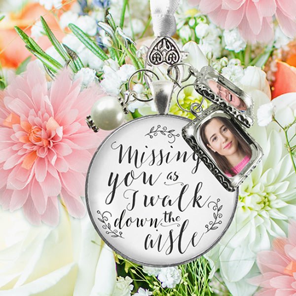 Wedding Bouquet Charm for Missing Loved Ones, Silver/White Pearl 2 Frames