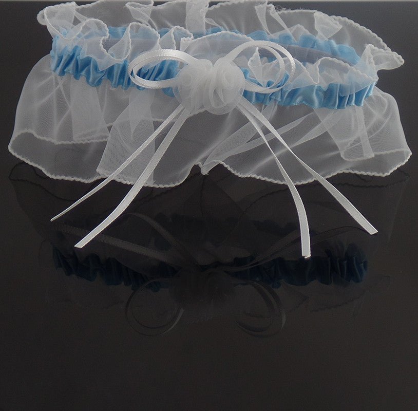 Fancy White and Blue Bride Wedding Garter with Rose and Bow - Gifts Are Blue - 3