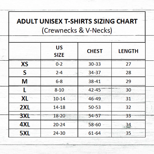 Adult Unisex Crewneck and V-Neck Sizing Chart
