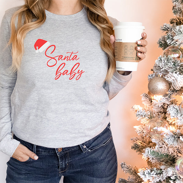 Light gray long sleeve tshirt for Christmas with Santa Baby text. all SKUs