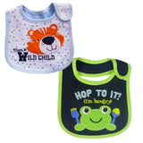 2 Pack of Baby Waterproof Cotton Bibs with Embroidered Designs - Gifts Are Blue - Baby Boy Wild Child Frog Design