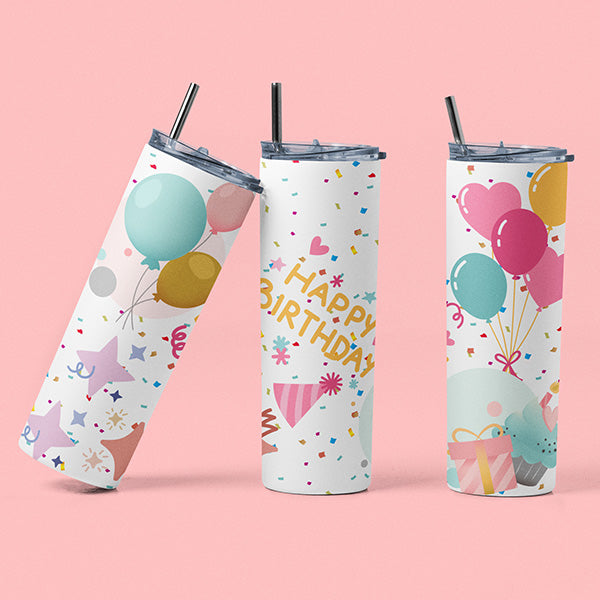 Birthday Girl Tumbler with Confetti and Balloons for Birthday Celebration
