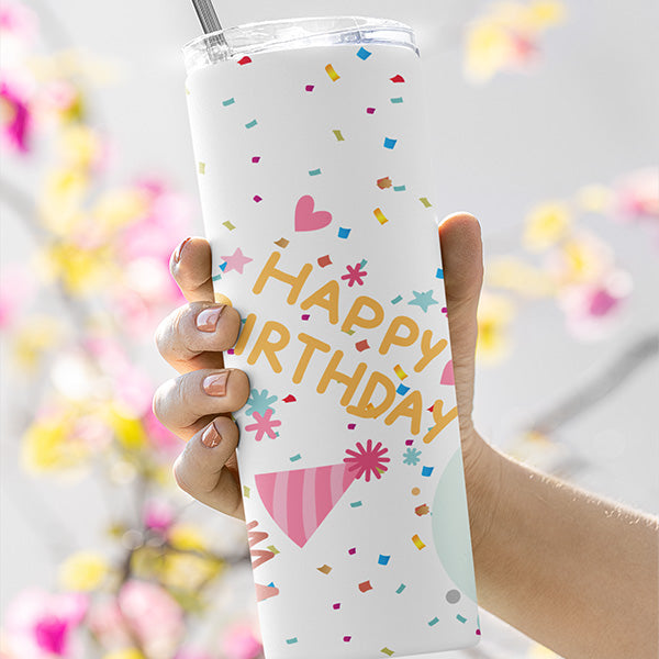 Birthday Girl Tumbler with Confetti and Balloons for Birthday Celebration