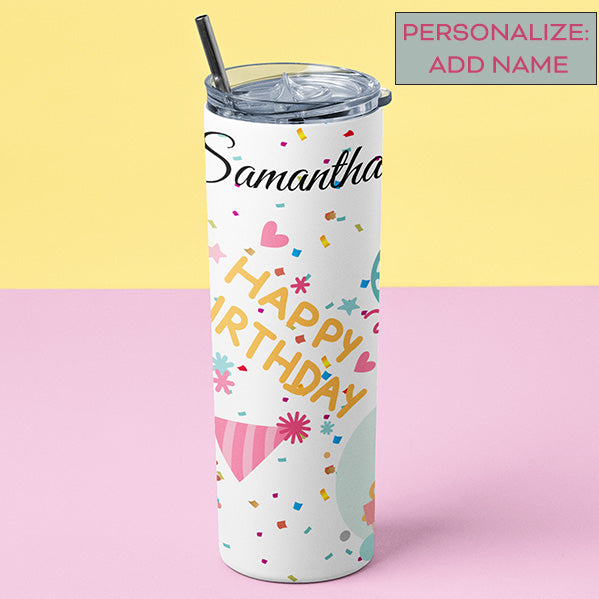 Birthday Girl Tumbler with Confetti and Balloons for Birthday Celebration
