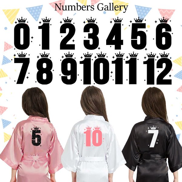Stylish birthday numbers for print on back of robe. Great for 3rd, 4th, 5th, 6th, 7th, 8th, 9th, 10th, 11th and 12th birthdays for girls.
