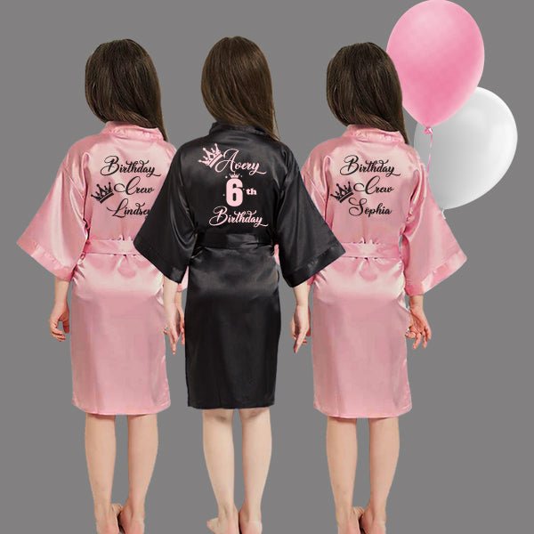 Birthday Girl Robes, Girl satin robe with name. Rose pink birthday crew robes with black girl robe for 6th birthday, Pretty Girl Robes