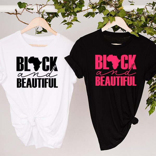 Black and Beautiful Inspirational Tshirts that can be customized. Feel free to select from over 32 print colors, including glitter options. Shirt features an Africa Map in between the letters with block font lettering.