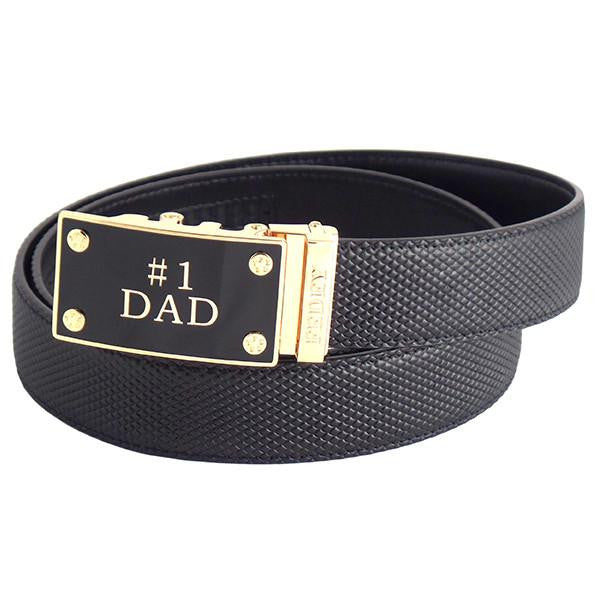 FEDEY Mens Ratchet Belt, Leather, Classic, No1 DAD Statement Buckle, main, Black/Gold
