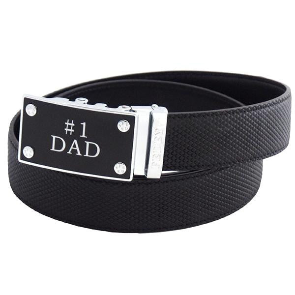 FEDEY Mens Ratchet Belt, Leather, Classic, No1 DAD Statement Buckle, Main, Black/Silver