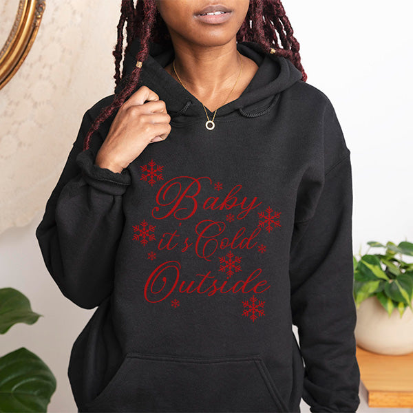 Black Christmas Hoodie for women with text Baby Its Cold Outside. all SKUs