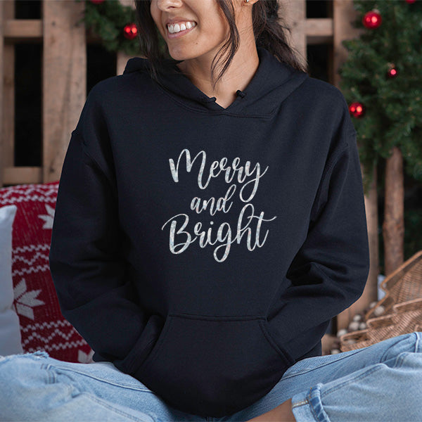 Merry and Bright Christmas Sweatshirt in black with white glitter lettering. all SKUs
