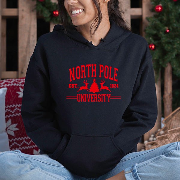 Collegiate style hoodie featuring North Pole University. Its a style all ages will be comfortable wearing. all SKUs
