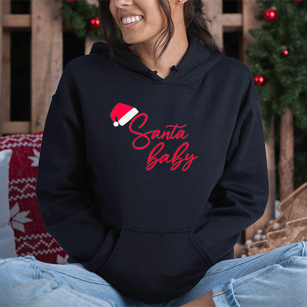 Black Santa Baby Hoodie for Christmas wear. Cute apparel for women. all SKUs