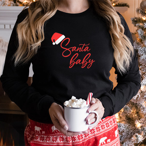 Black long sleeve tee with Santa Baby design for Christmas. all SKUs
