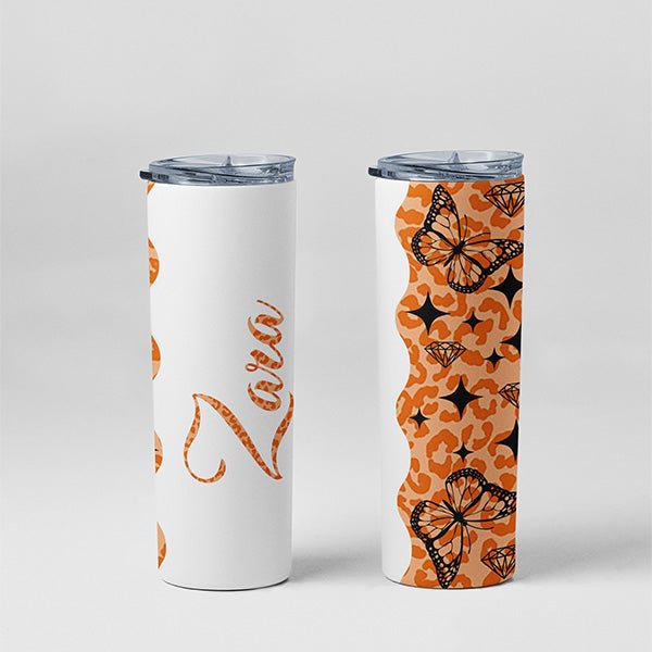 Pretty Leopard Print Personalized Tumbler with Name and Butterfly Design for Girls and Preteens - Gifts Are Blue