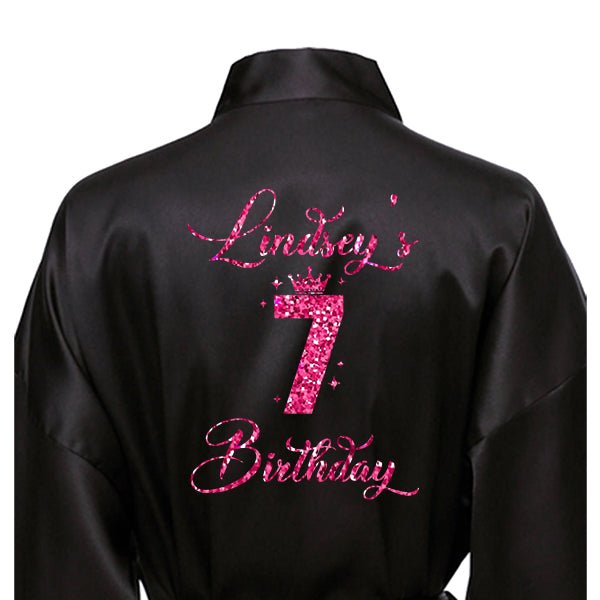 7th Birthday Girl Robe. Black Satin featuring hot pink print. Personalized robes for girls