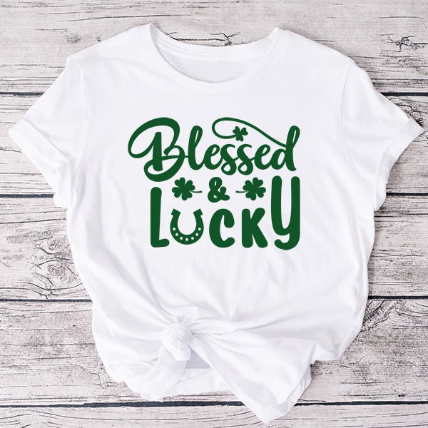 Blessed and Lucky Christian Shirt in Irish Green for St. Patricks Day Shirts. Unisex design for men, women and children.