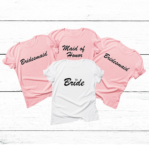 Bride And Bridesmaid Bachelorette Party T Shirts Crewneck, Bridesmaid Shirts, Bridemaids Tees, Bachelorette Party Shirts - Bride And Shirts-Laying-Down-White-And-Pink_Sm