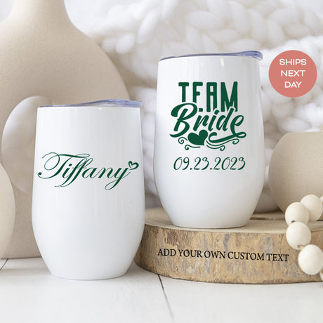 Bridesmaid wine tumblers that can be fully personalized with name, title, date and phrase.