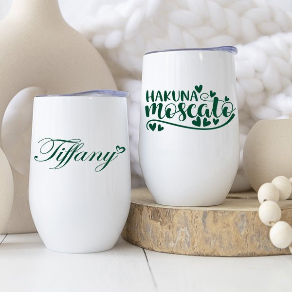 Hakuna moscato wine tumblers for bridesmaids, bride, maid of honor, matron of honor, mother of the bride and more. These are 12oz skinny tumblers that are easy to hold and will fit in most cup holders.