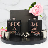 Bridesmaid Flask Set w Two Shot Glasses & Gift Box, Personalized with Rose Gold Design - 7oz