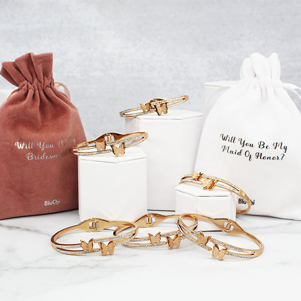Butterfly Bracelet and Velvet Bag Proposal Gifts for Bridal Party, Set of 6 from BluChi