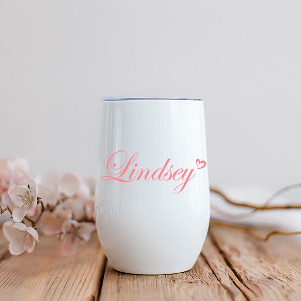 Customize using any color to match your wedding or birthday theme. Personalized tumblers with name, title, date, location, phrases and more.