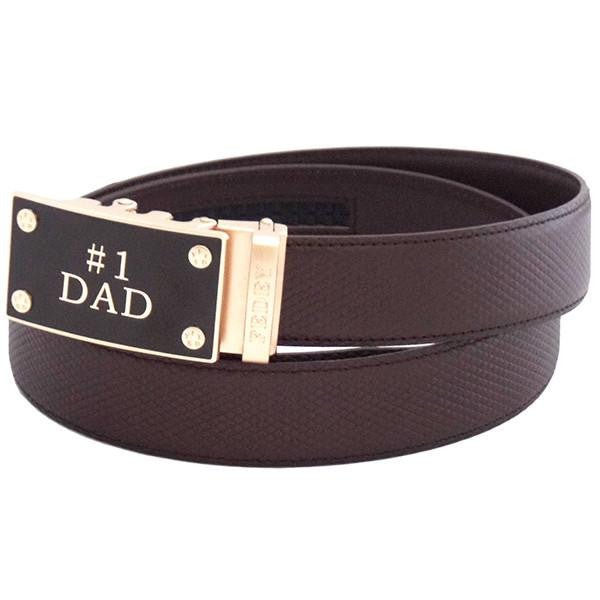 FEDEY Mens Ratchet Belt, Leather, Classic, No1 DAD Statement Buckle, Main, Brown/Gold