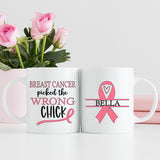 Cancer Picked The Wrong Chick Front and Back Breast Cancer Awareness Month Mug, 11 oz