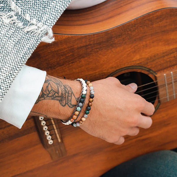 Mens Handmade Natural Stones Bracelet with Adjustable Cord - Mens Bracelet from Lotus and Luna - Chakra Chief on Model - all SKUs