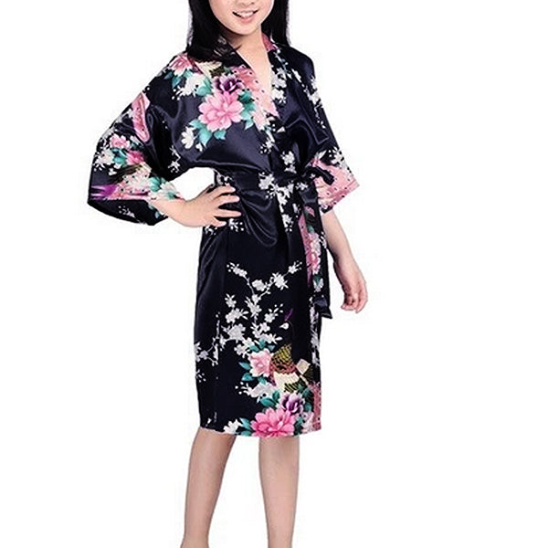Girls Robes, Floral with Peacocks Design, Flower Girl, Model, Black