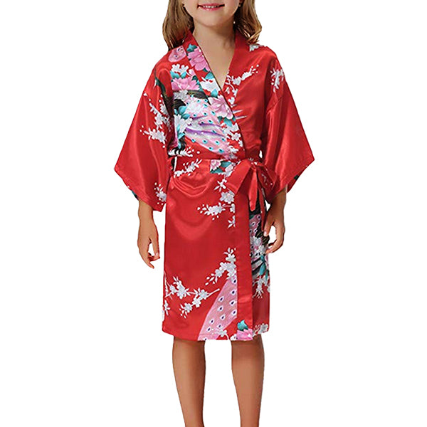 Girls Robes, Floral with Peacocks Design, Flower Girl, Model, Fiery Red