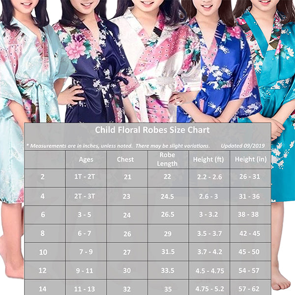 Girls Robes, Floral with Peacocks Design, Size Chart, all SKUs