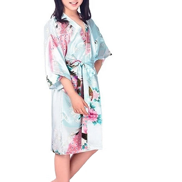 Girls Robes, Floral with Peacocks Design, Flower Girl, Model, Sky Blue