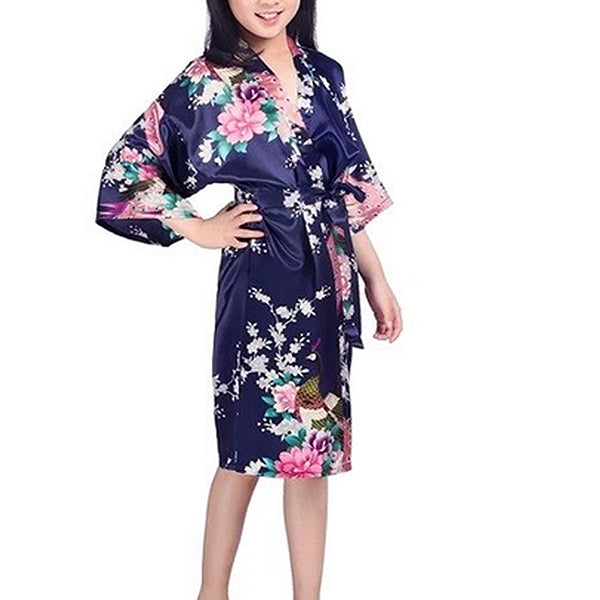 Girls Robes, Floral with Peacocks Design, Flower Girl, Model, Navy Blue