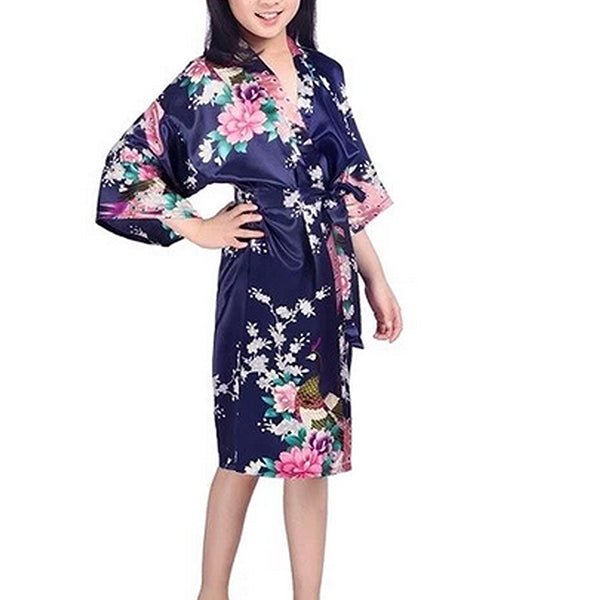 Girls Robes, Floral with Peacocks Design, Flower Girl, Model, Navy Blue