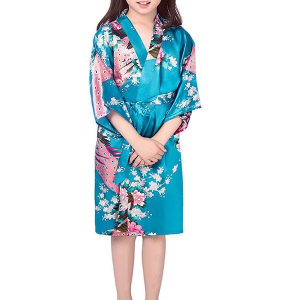 Girls Robes, Floral with Peacocks Design, Flower Girl, Model, Lake Blue