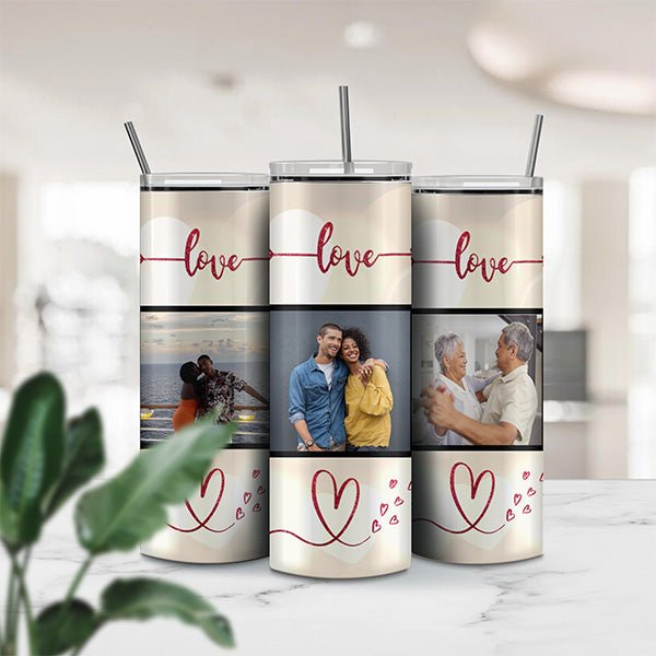 Great couples gift featuring 7 photo slots. This photo tumbler is the perfect romantic gift for your favorite person or couple.
