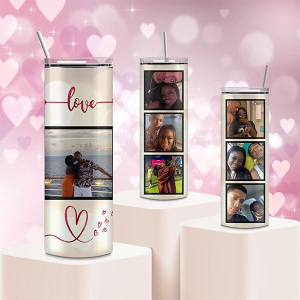 Add up to 7 photos to our picture tumbler. Great gift for couples. Gift to husband, wife, boyfriend, girlfriend and more.
